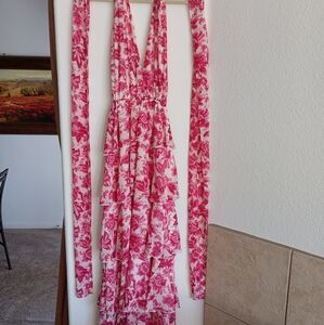 NWT Small Floral Pink and White Tiered Maxi Dress